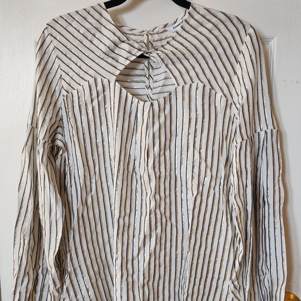 Express Women Top Size Large Stripped Lantern Sleeve Metallic Cream